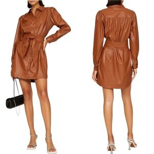 Peter Som Brown Long Sleeve Faux Leather Button-up Belted Shirtdress Size 2